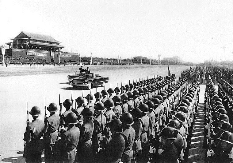 Marshal Lin Biao surveying soldiers of the People's Liberation Army, 1959.