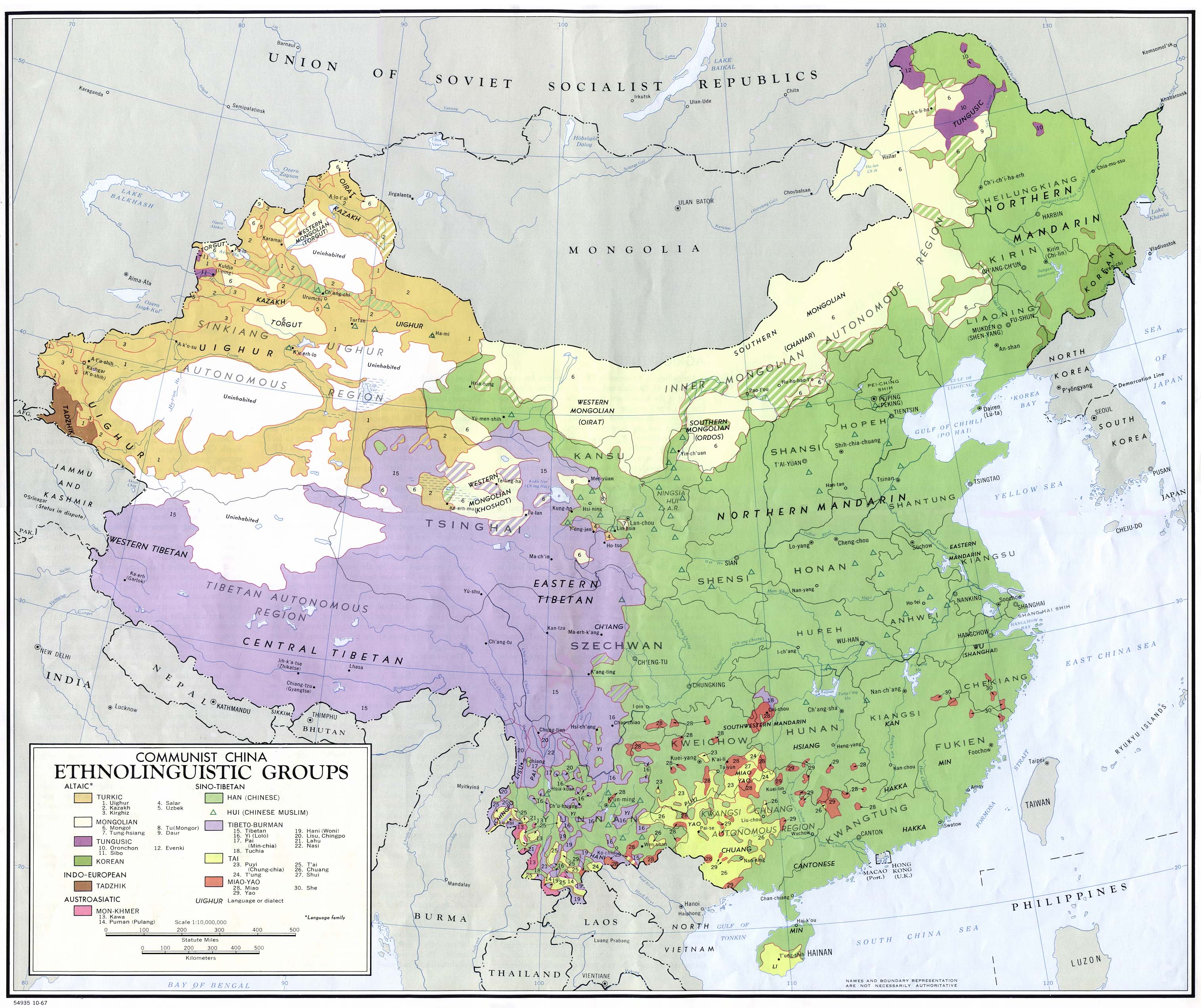This 1967 map shows four main ethnolinguistic groups with several subcategories living in China.