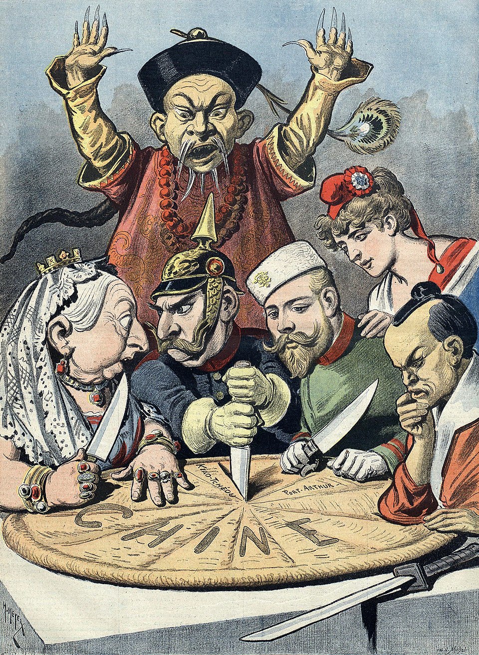 This contemporary political cartoon displays the political reality for China in the late 19th century, with little the Qing could do stop Britain, Germany, Russia, France, and Japan from “carving them up.”