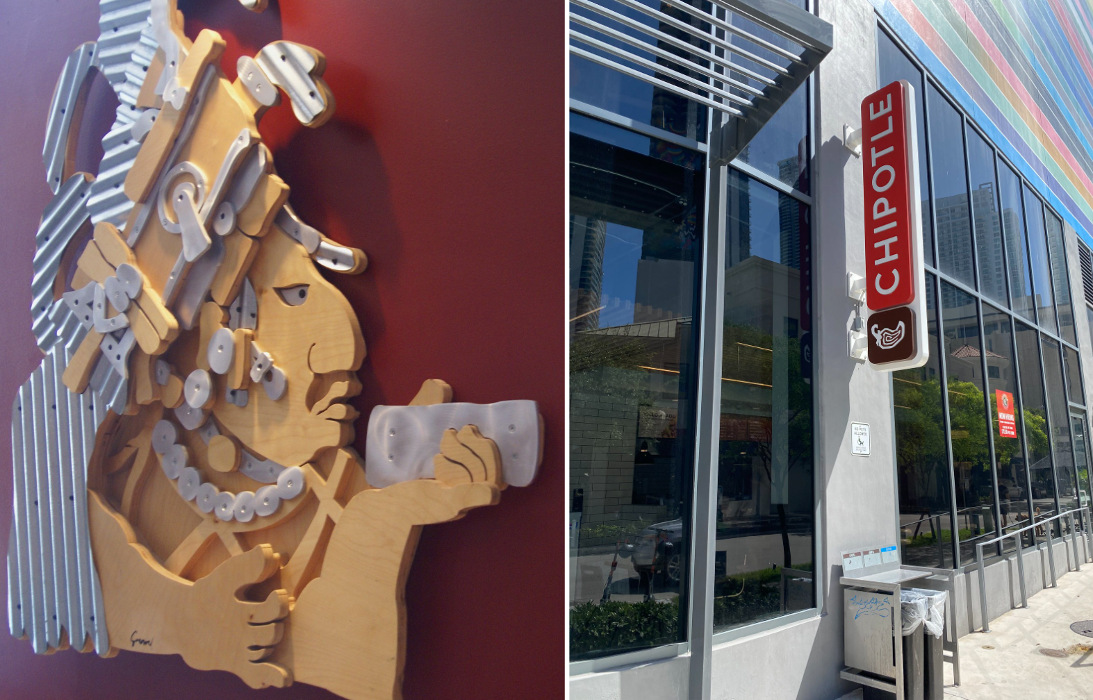 A Mayan character at a Chipotle in Burbank, CA (left). A Chipotle in Brickell, FL (right). 