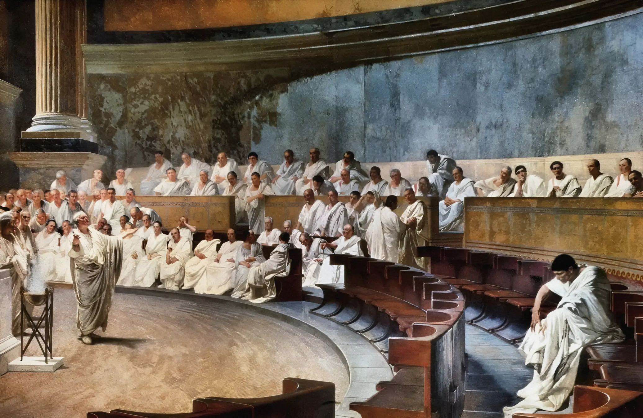 An 1889 fresco by Cesare Maccari depicting Roman senator Cicero denouncing Catiline's conspiracy to overthrow the Republic in the Roman senate. 