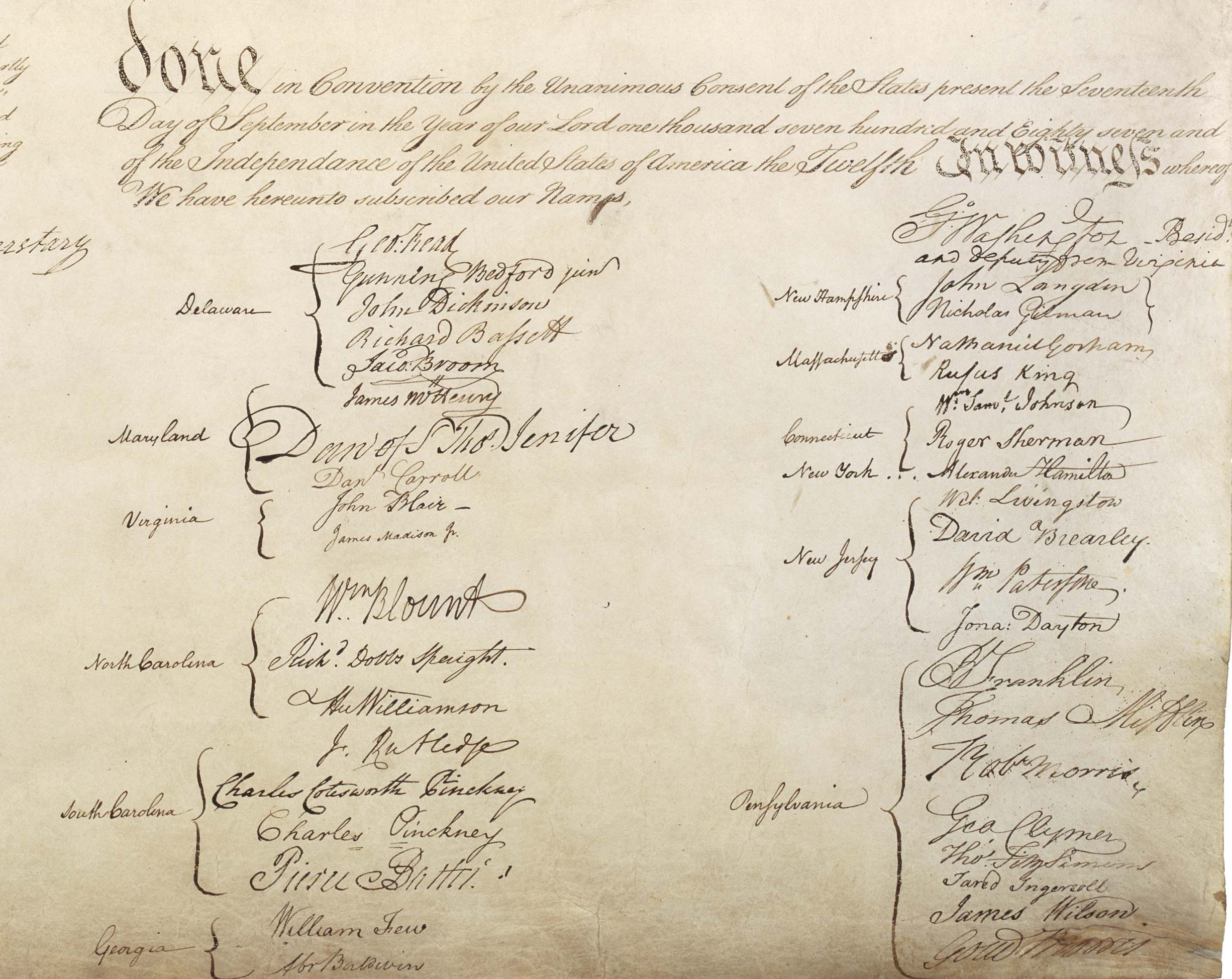 Signatures on the United States Constitution.