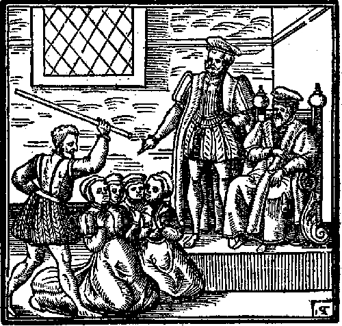 Illustration of witches, perhaps being tortured before James VI and I, from his Daemonologie (1597)