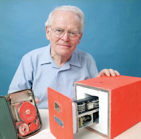 David Warren with his initial prototype of his Flight Data Recorder.