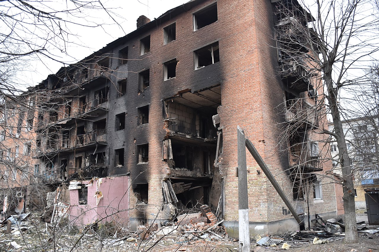 A residential building in Kyiv destroyed after shelling in March 2022.