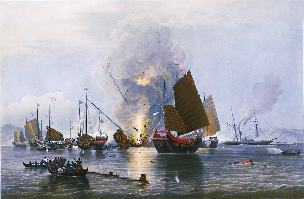 Painting by Edward Duncan depicting the East India Company's ships destroying the Chinese war junks in Anson's Bay, 1841.