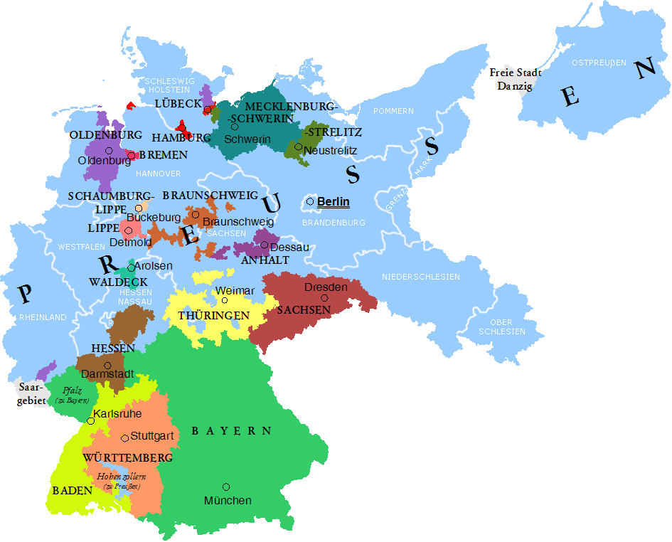 Bavaria's location on a map of Weimar Germany. At the bottom center in green.