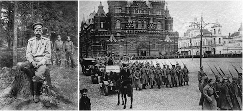 Former Tsar Nicholas II in Tsarskoye Selo following his abdication in March 1917, (left) and Bolshevik forces marching on Red Square, 1917 (right).