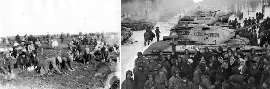 Children dig up potatoes on a collective farm near Udachne villiage, Donec'k oblast, 1933 (left), and collective farmers from the Moscow suburbs handing over tanks manufactured on their money to Soviet servicemen, December 1942 (right).