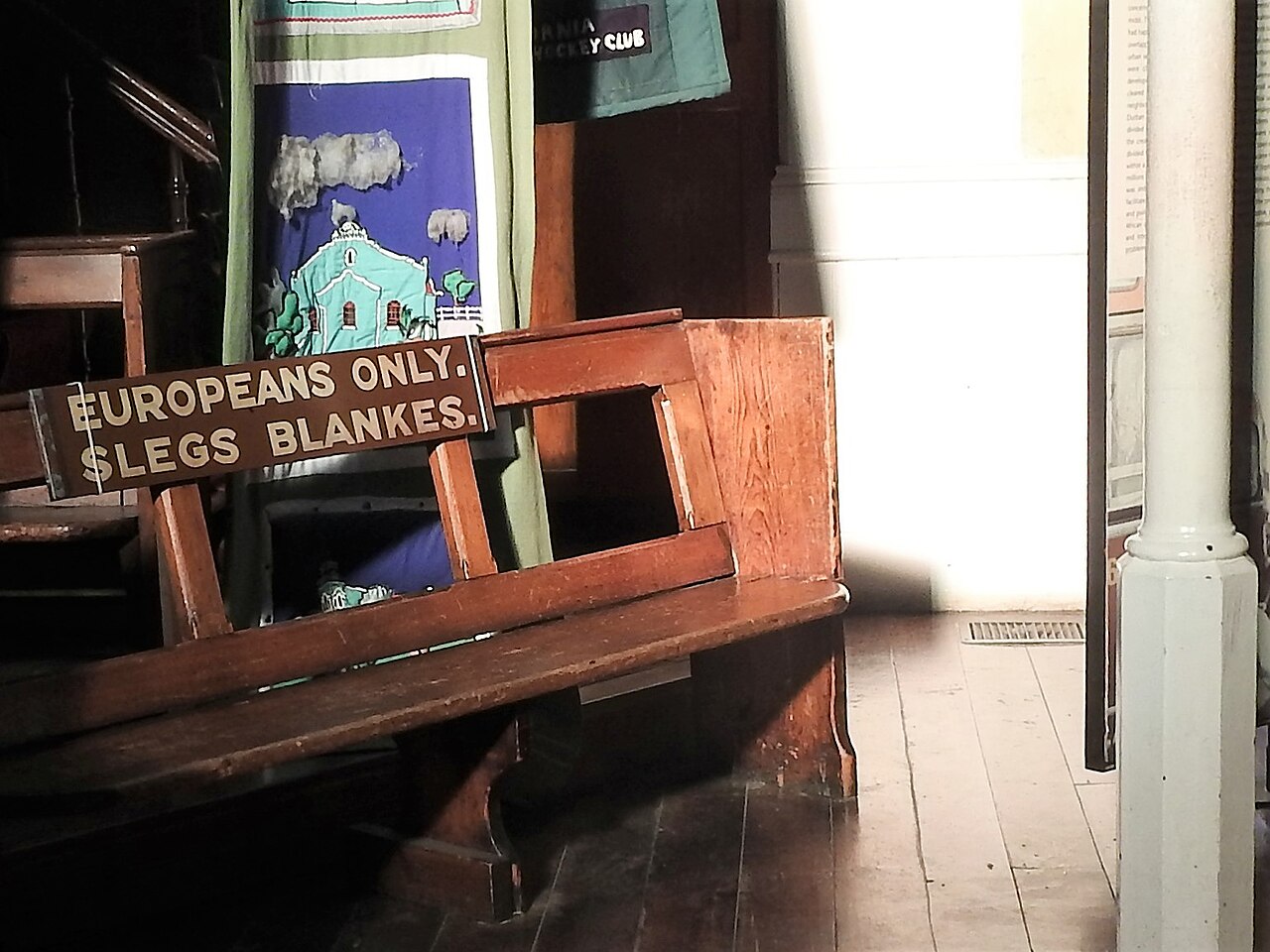 A bench from the Apartheid era at a museum in South Africa, 2018.