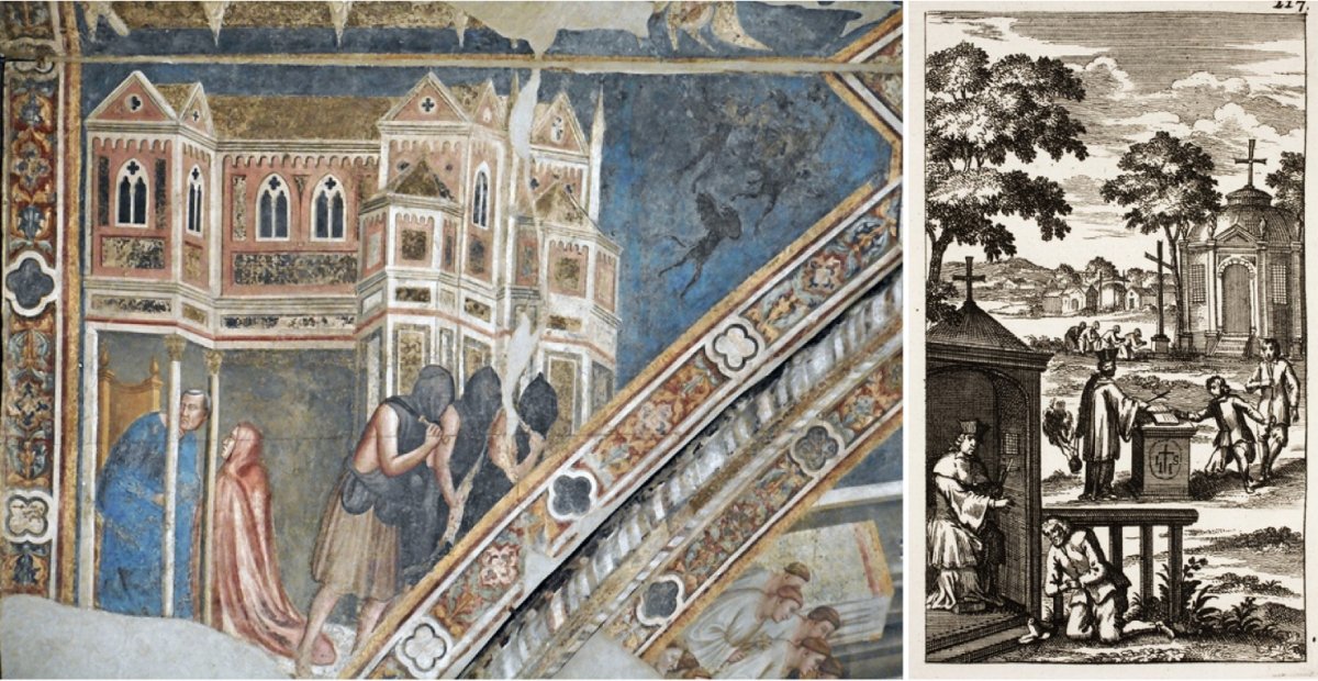 On the left, a fresco in the Church of the Incoronata in Naples, Italy. On the right, an open air confessional.