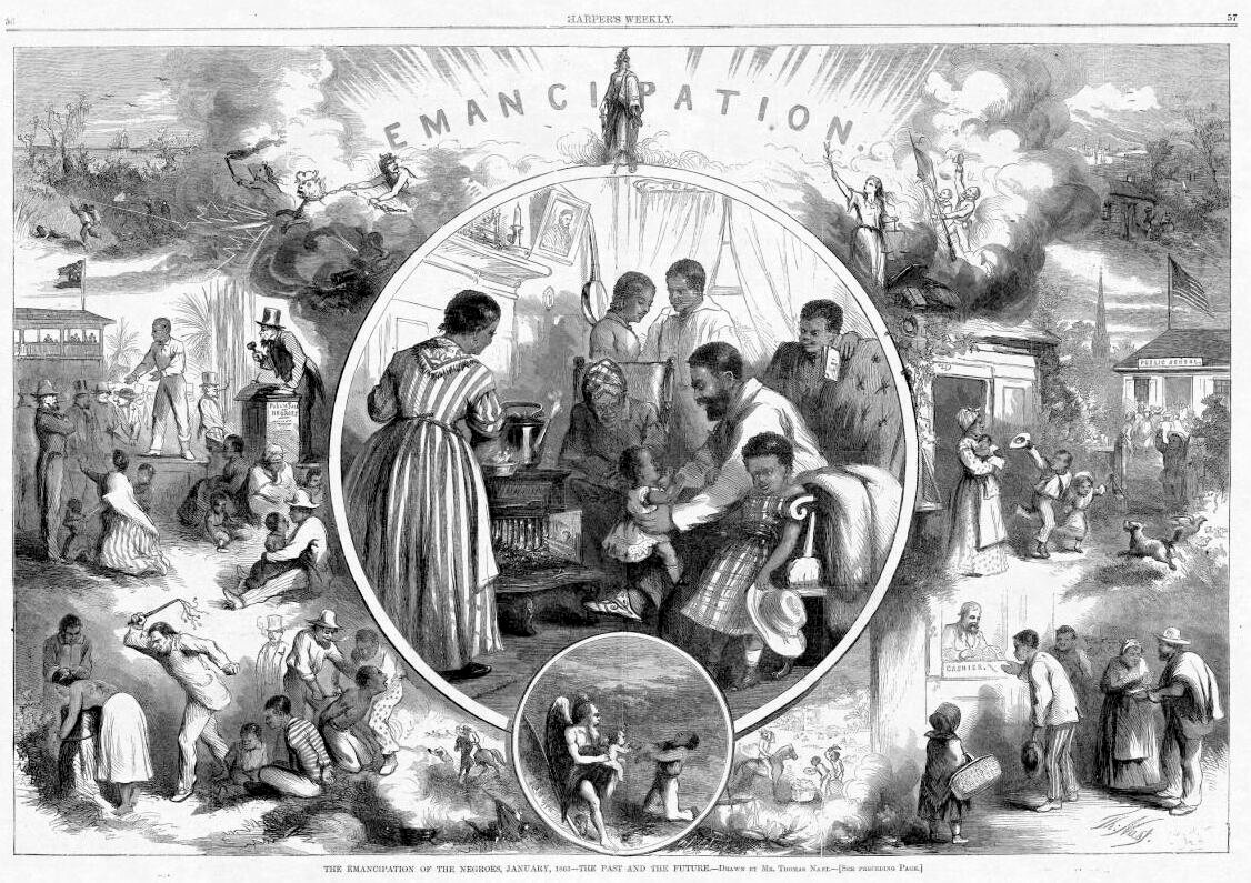 The effects of the Emancipation Proclamation were idealized in this Harper’s Weekly illustration of the slaves’ “past” and “future.”