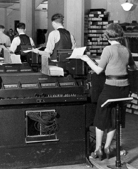 An IBM tabulating machines in use at the Social Security Administration circa 1936.