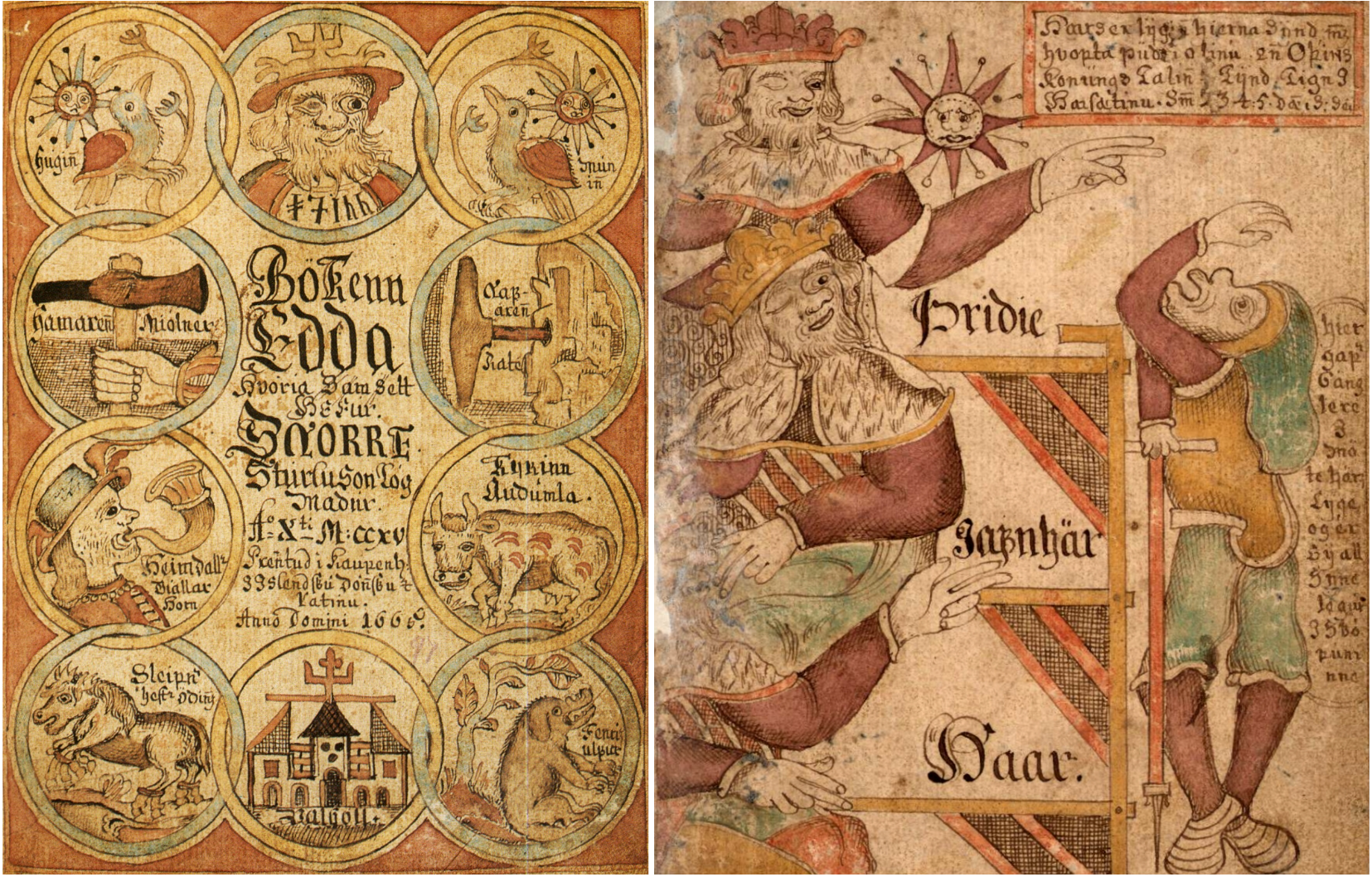 Title page of a thirteenth-century manuscript of the Prose Edda by Snorri Sturluson (left). An eighteenth-century manuscript depicting a story from the Prose Edda (right). 