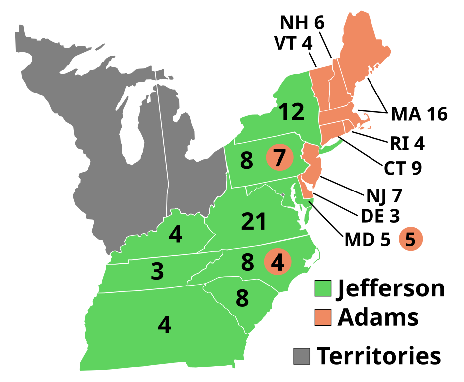  Map of the Presidential Election of 1800 between Thomas Jefferson and John Adams.