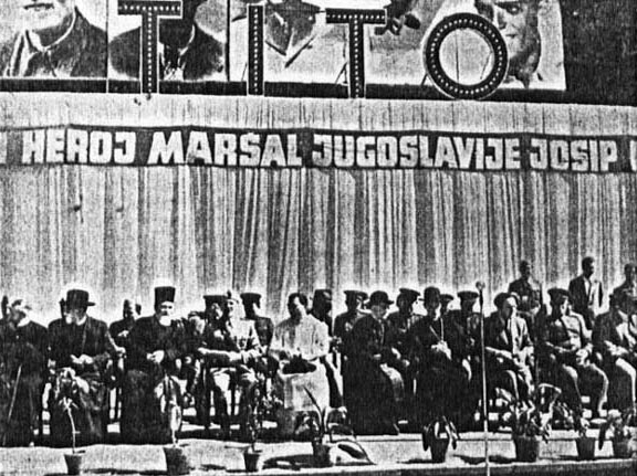 A celebration of liberation in Zagreb in 1945 dedicated to Tito. Orthodox dignitaries, a Catholic cardinal, and the Soviet military attaché were in attendance.