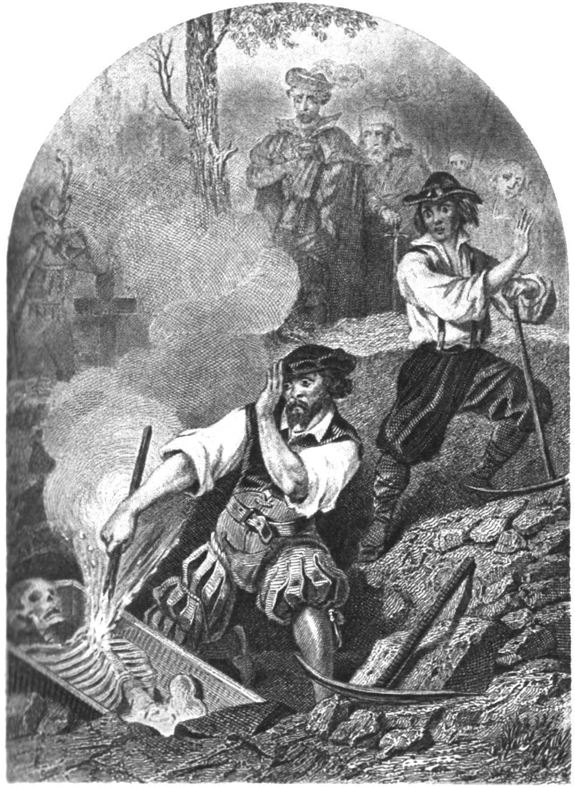 A lithograph from Paul Feval's 1851 book Les Tribunaux secrets showing townsfolk staking the exhumed skeleton of an alleged vampire.
