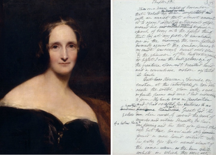 Portrait of Mary Shelley, c. 1840 (left), and a page from a draft manuscript of Frankenstein, 1816 (right).