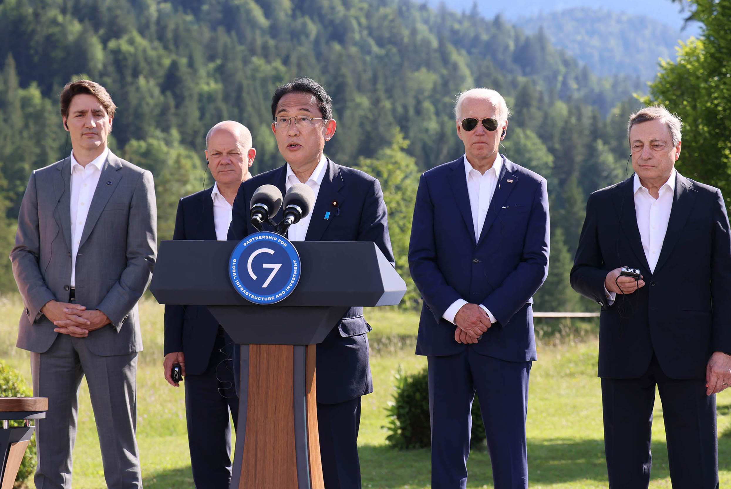 Prime Minister Fumio Kishida of Japan announces additional sanctions on Russia during the G7 Schloss Elmau Summit, June 2022.