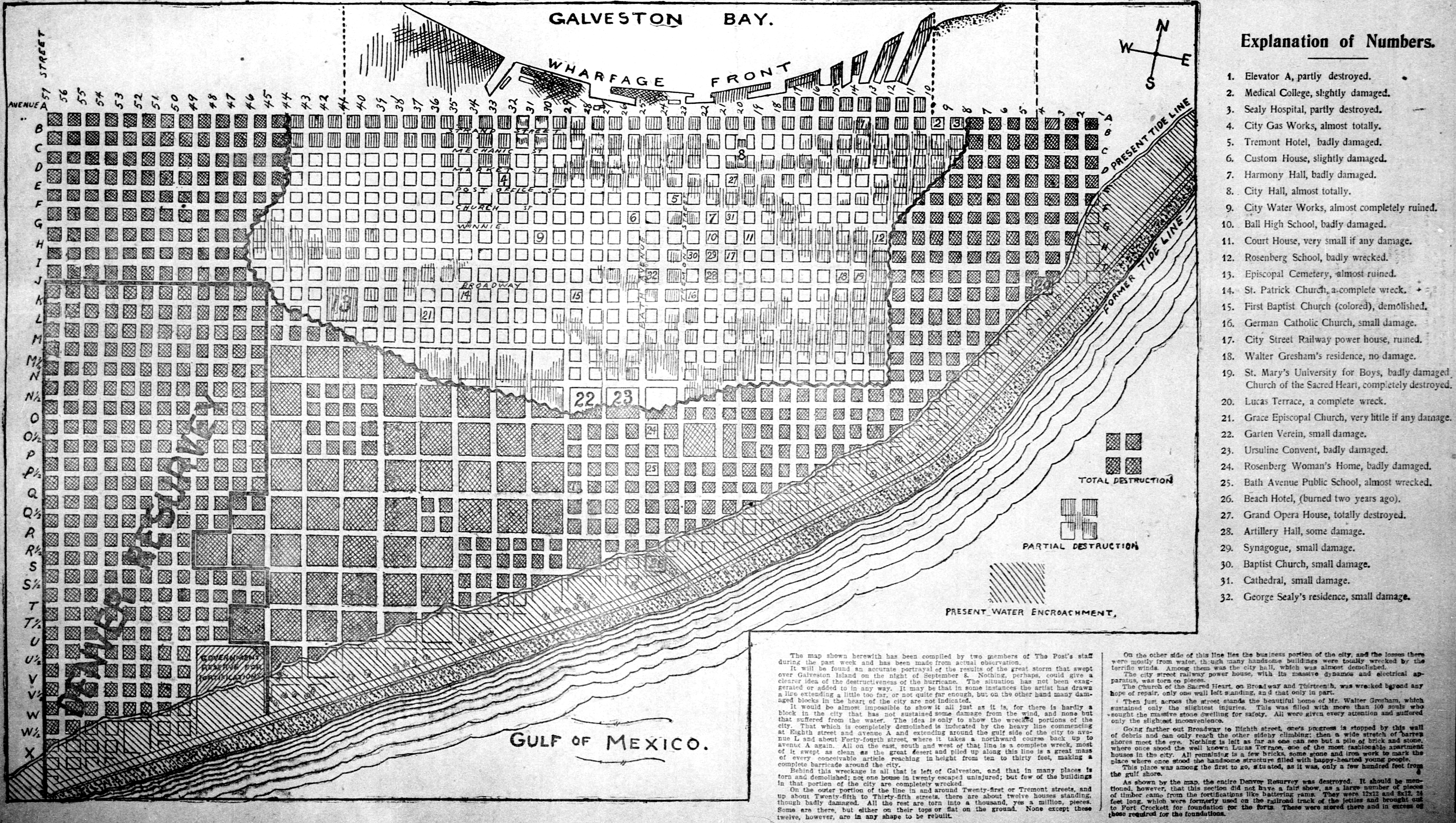 Map illustrating the devastation in Galveston, 1900.