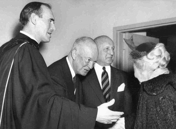 George MacPherson Docherty (left) and President Eisenhower (second from left) at the New York Avenue Presbyterian Church, 1954. George MacPherson Docherty was a Presbyterian minister and initiator of the addition of the words "under God" to the Pledge of Allegiance of the United States.
