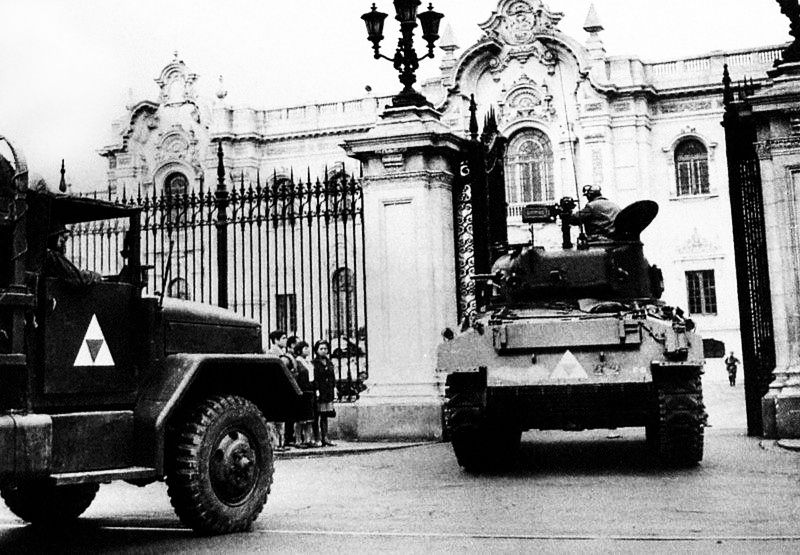 Military vehicles in Lima during the 1968 coup.