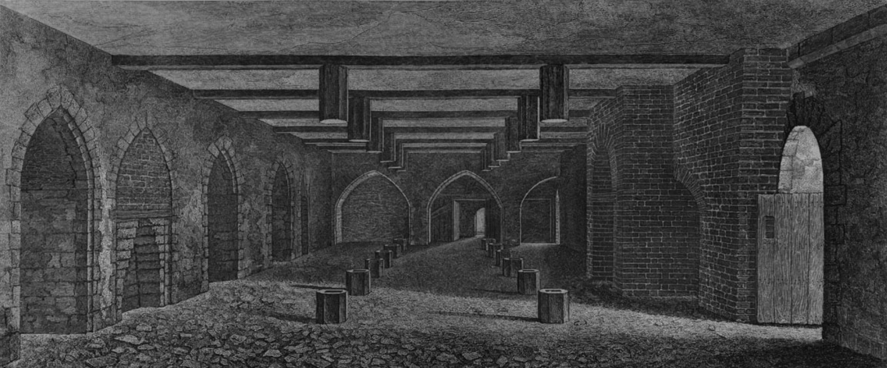 The undercroft beneath the House of Lords, as illustrated in 1799.