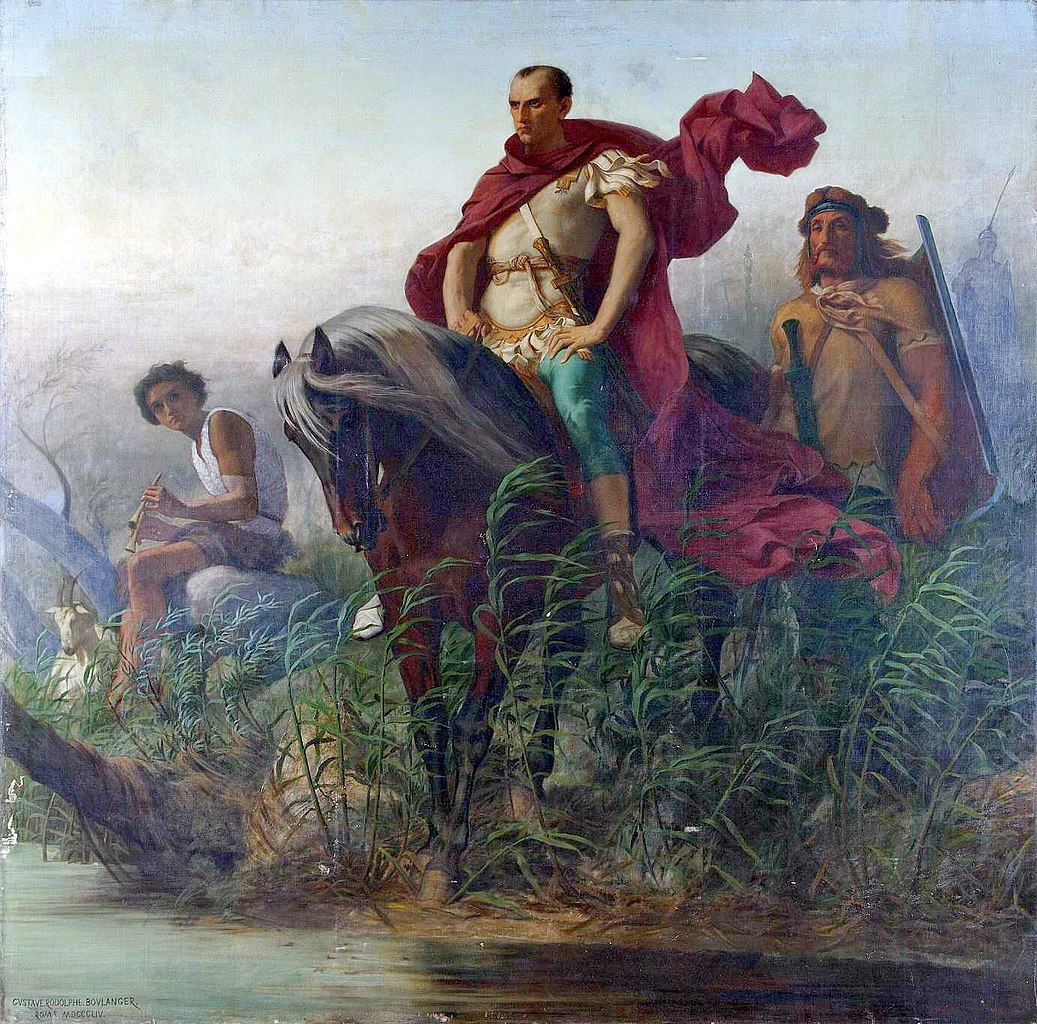 A painting of the Rubicon scene from the mid-nineteenth century: Gustave Boulanger, Jules-César arrivé au Rubicon.