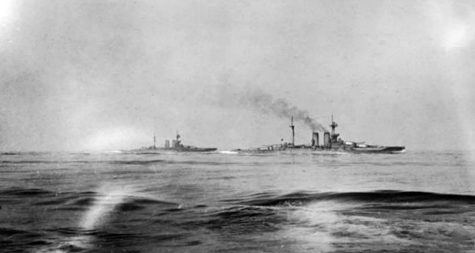 The HMS Warspite and Malaya, seen from HMS Valiant at the Battle of Jutland in the North Sea, 1916.