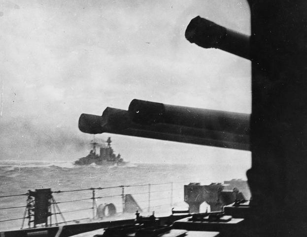 British battlecruiser HMS Hood heading into battle minutes before the German battleship Bismarck sunk it, 1941.