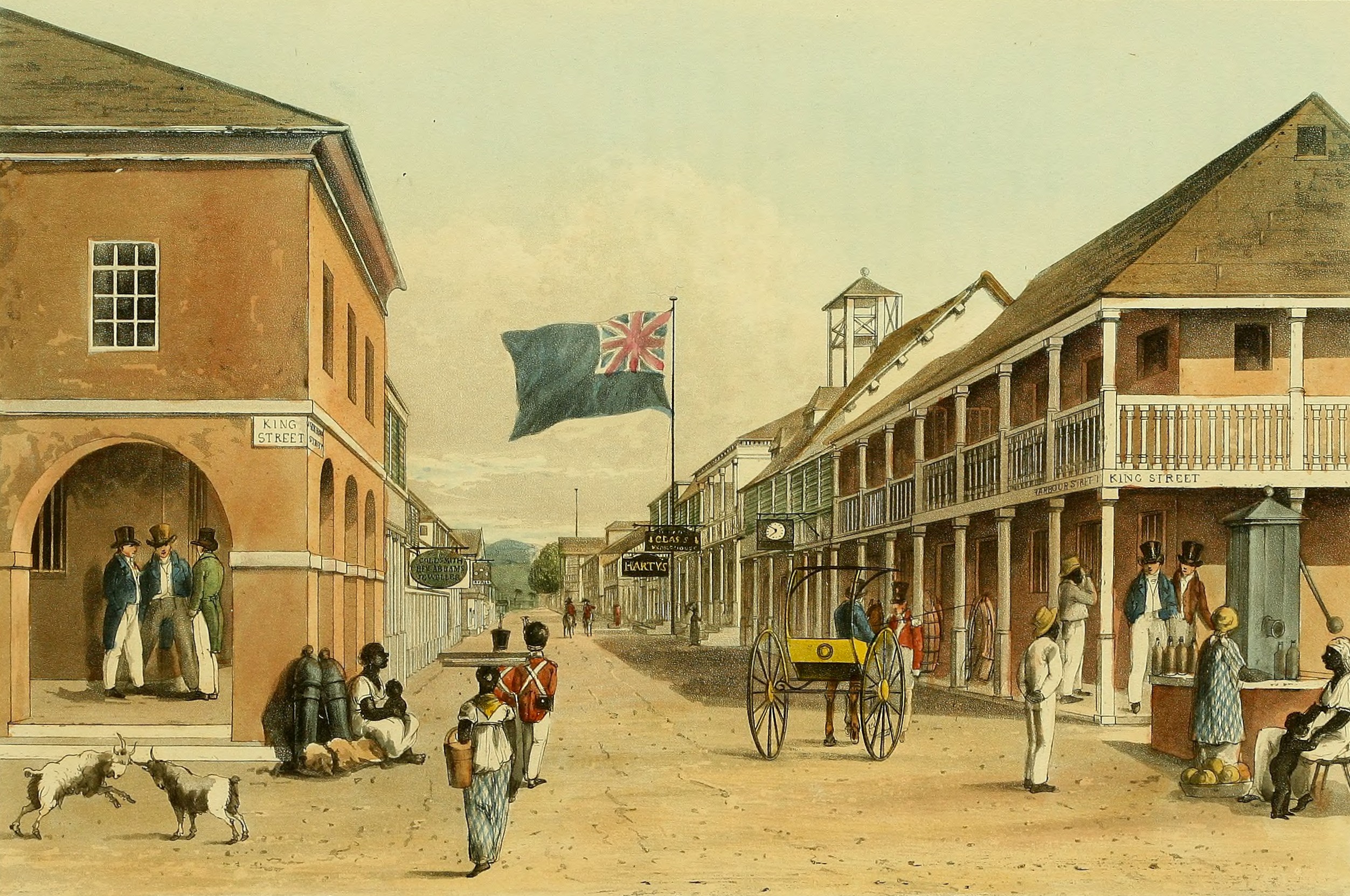 A view of Harbour Street, Kingston in Jamaica during the 1820s while colonized by the British.