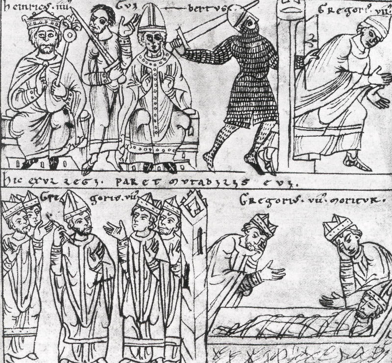 Illustration from Otto of Freising’s twelfth-century chronicle, which depicts Henry IV and Clement III presiding in Rome in 1084, and Gregory VII’s flight from the city and subsequent death in Salerno in 1085