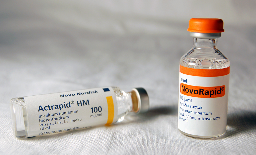 Two vials of insulin named Actrapid (left) and NovoRapid (right) by the manufacturers.