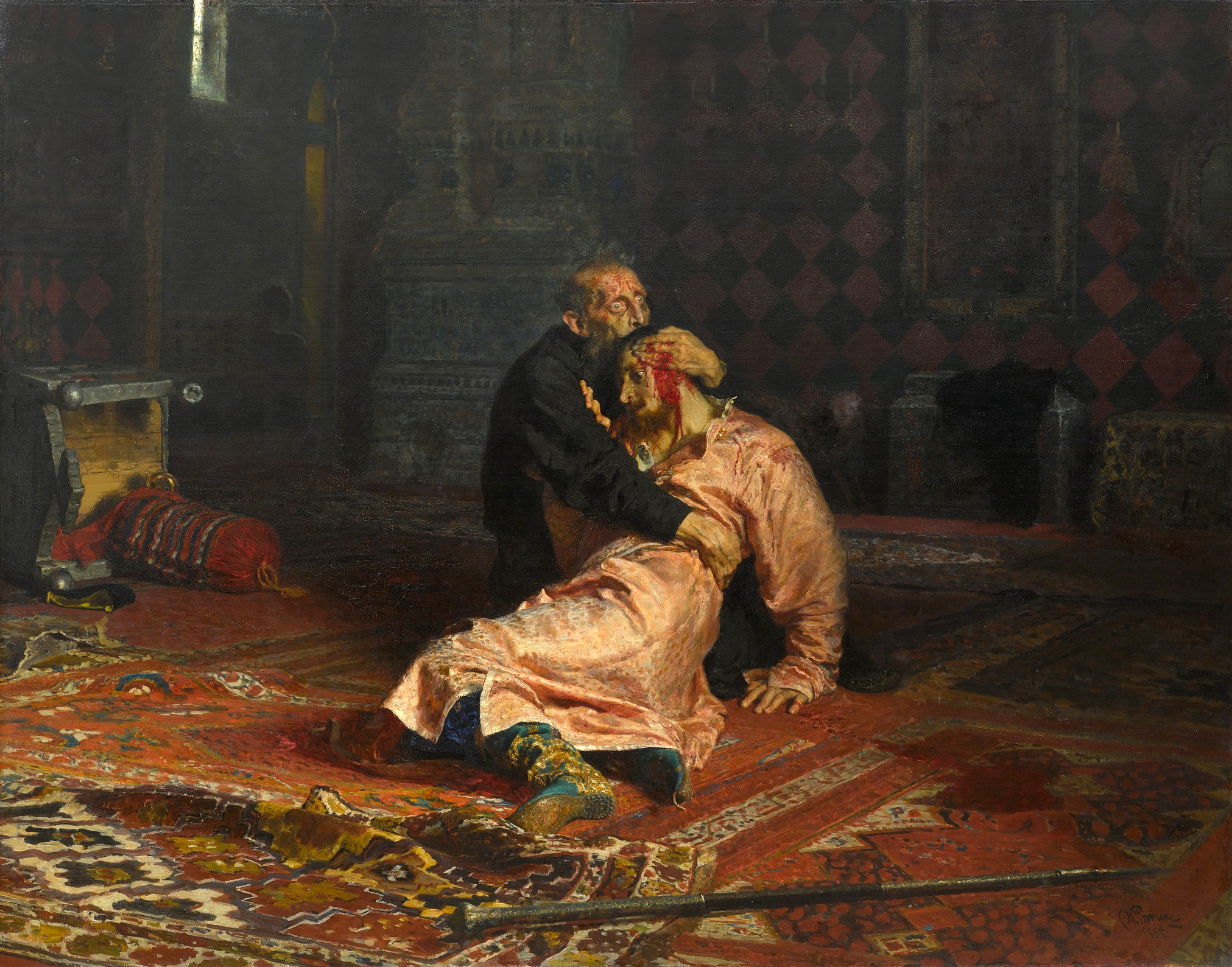 Ivan IV with his dying son, a classic rendition from 1885 by painter Ilya Repin
