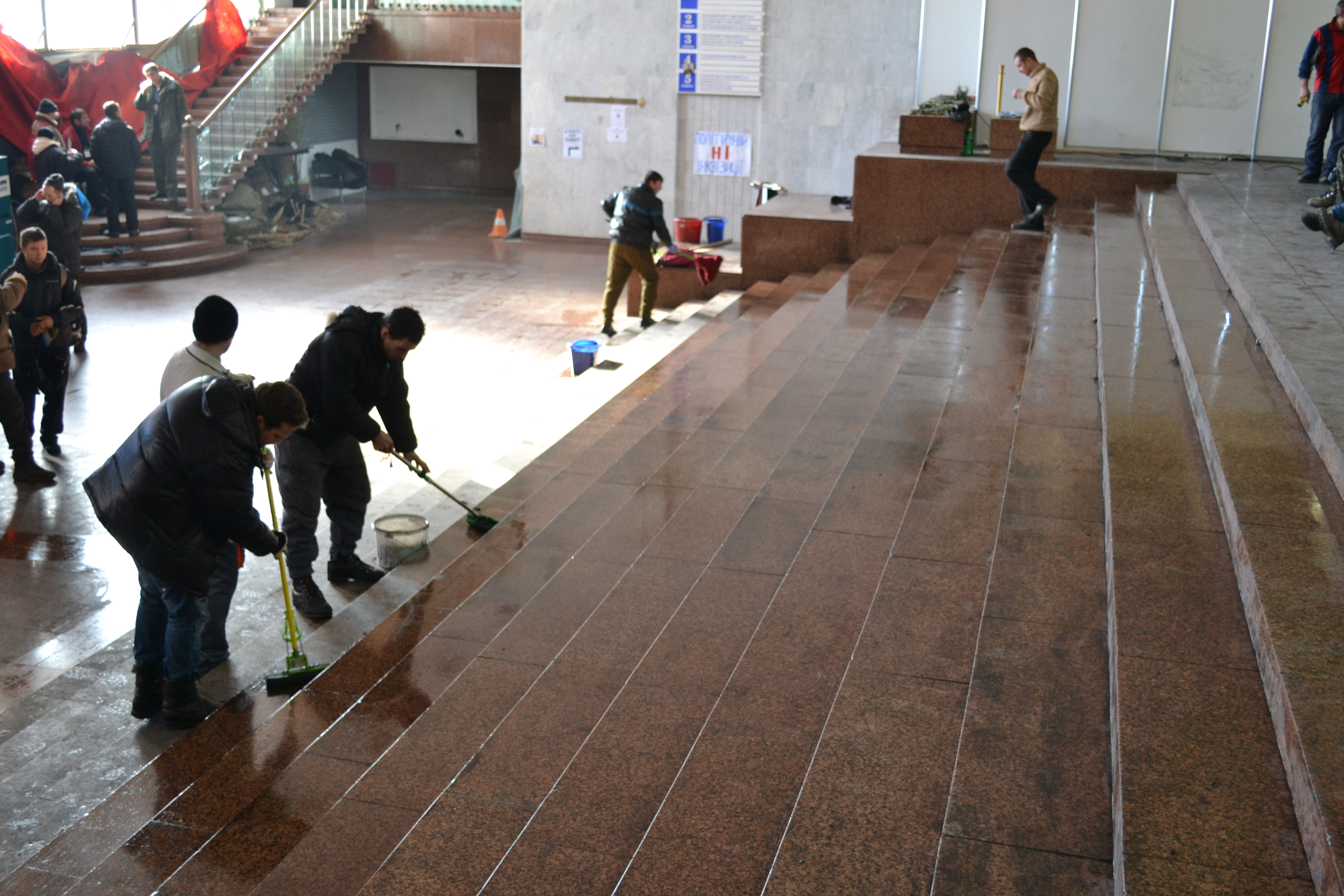 Volunteers cleaned the occupied Ukrainian House to keep the building pristine, January 31, 2014. They found cleaning supplies in the basement. 