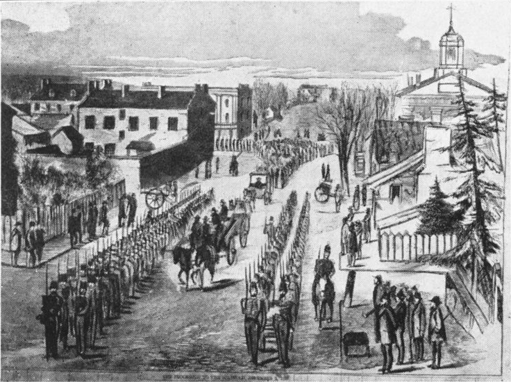 Sketch by Elijah Avey of John Brown sitting on his coffin on his way to the gallows. 