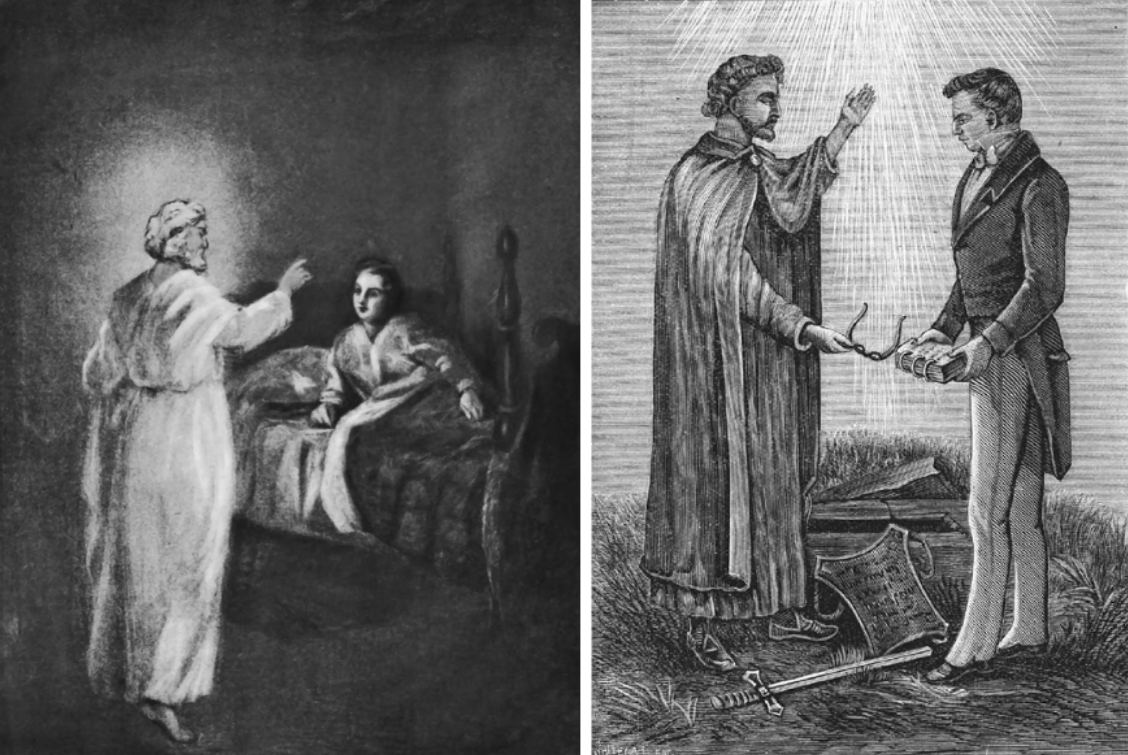 Depiction of Angel Moroni's 1823 visit to Joseph Smith as described by Smith (left). An 1893 engraving of Joseph Smith receiving the golden plates from Moroni (right).