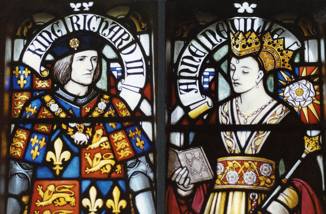 Stained glass depiction of Richard III and Anne Neville in Cardiff Castle.
