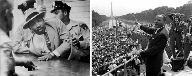 Dr. Martin Luther King, Jr. being arrested in Montgomery, Alabama in 1958 (left), and Dr. King speaking at the March on Washington in August 1963 (right).