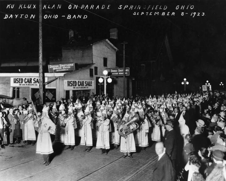 Ku Klux Klan musical band from Dayton, Ohio, parading in Springfield, Ohio