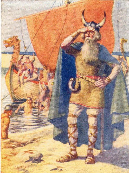 A 1908 depiction of Leif Ericson on the shore of New Foundland.