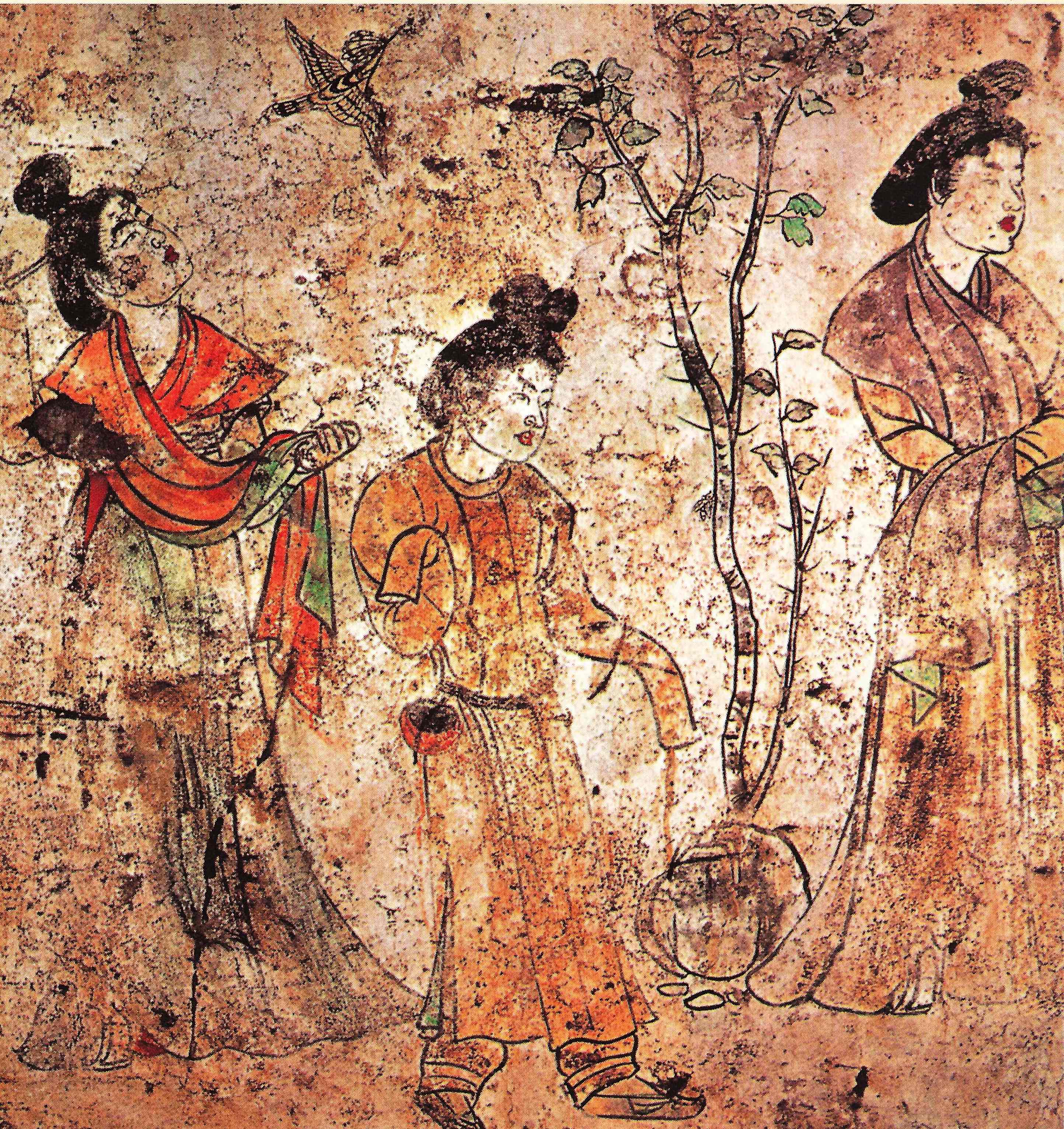A group of palace ladies in the gardens while a hoopoe flies by. Mural, tomb of Gaozong's 6th son, Li Xian, Qianling, Shaanxi, 706.