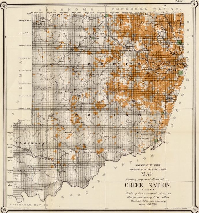 1899 Map of the allotment of the Creek Nation in the Indian Territory. Shades portions mark allotments.