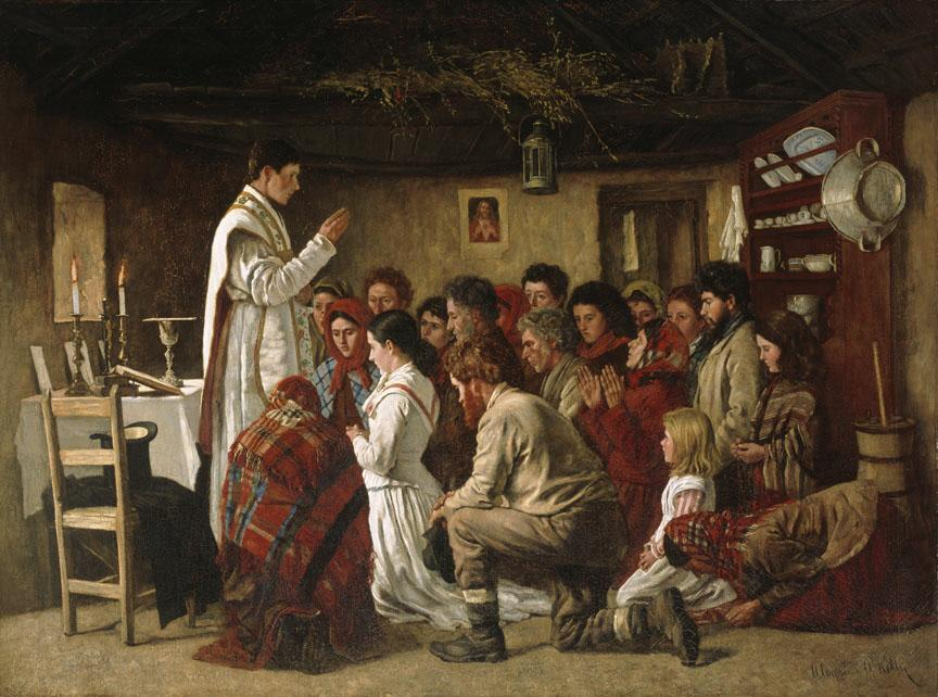 Mass in a Connemara Cabin by Aloysius O'Kelly, 1883 depicts the custom of priests saying Mass secretly in Irish Catholics' homes. 