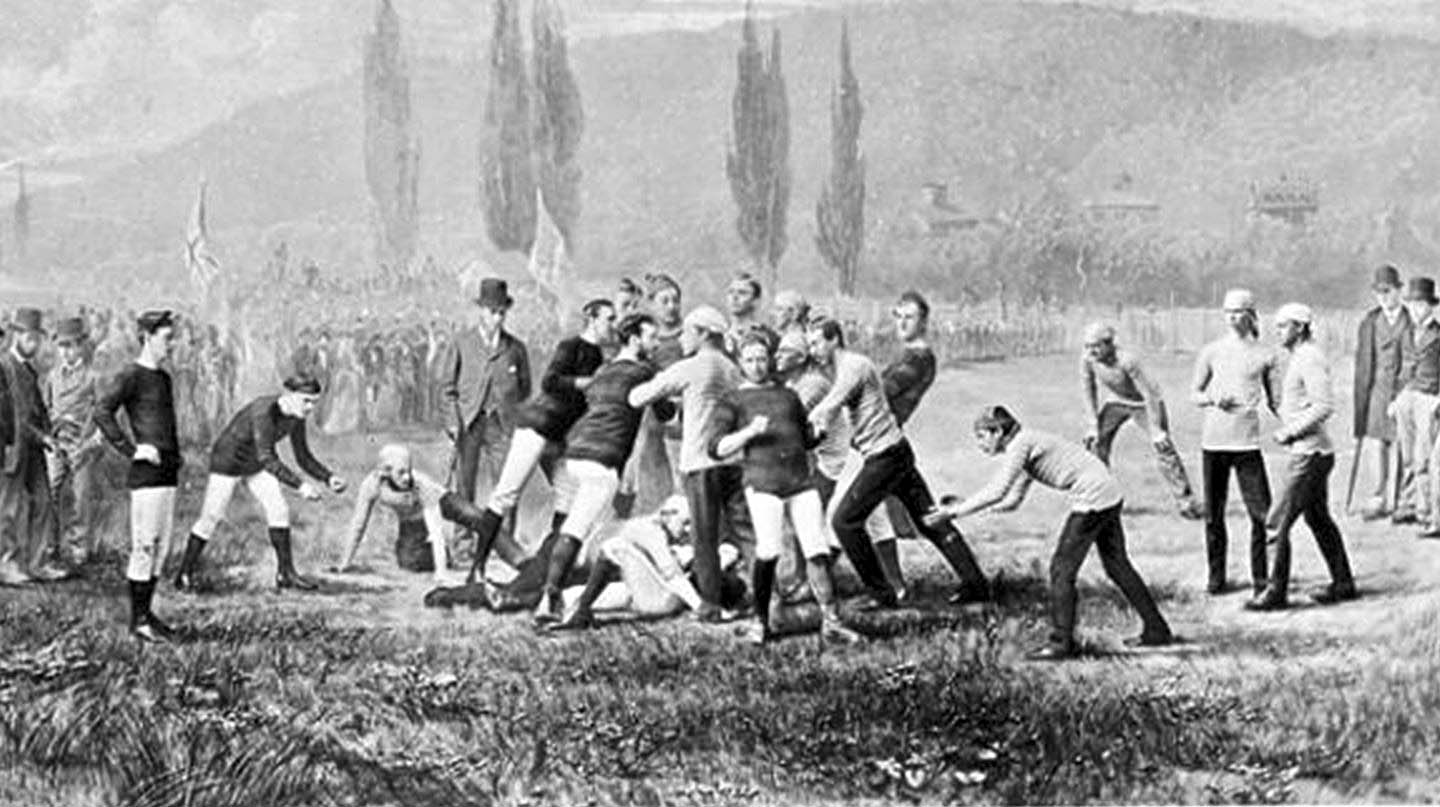 An early college football game played between Harvard and McGill, 1874.