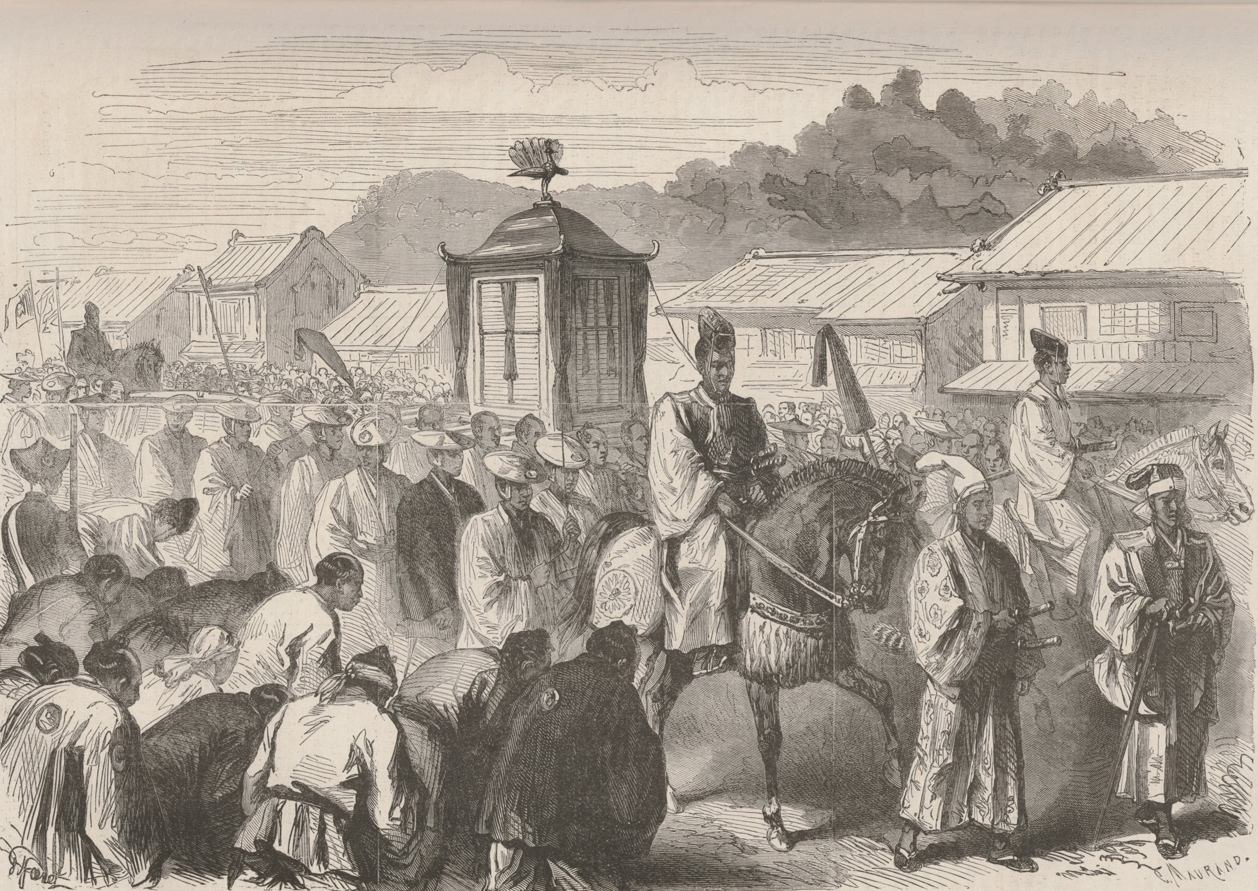 Drawing by Alfred Roussin of Emperor Meiji moving from Kyoto to Tokyo, 1868.