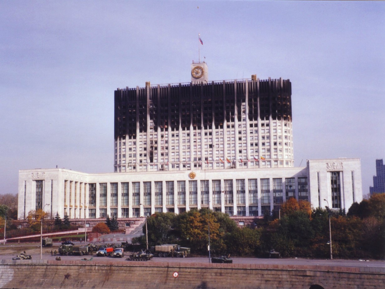 The Russian White House, Moscow, with Burnt Upper Floors during the Moscow Riots, 1993