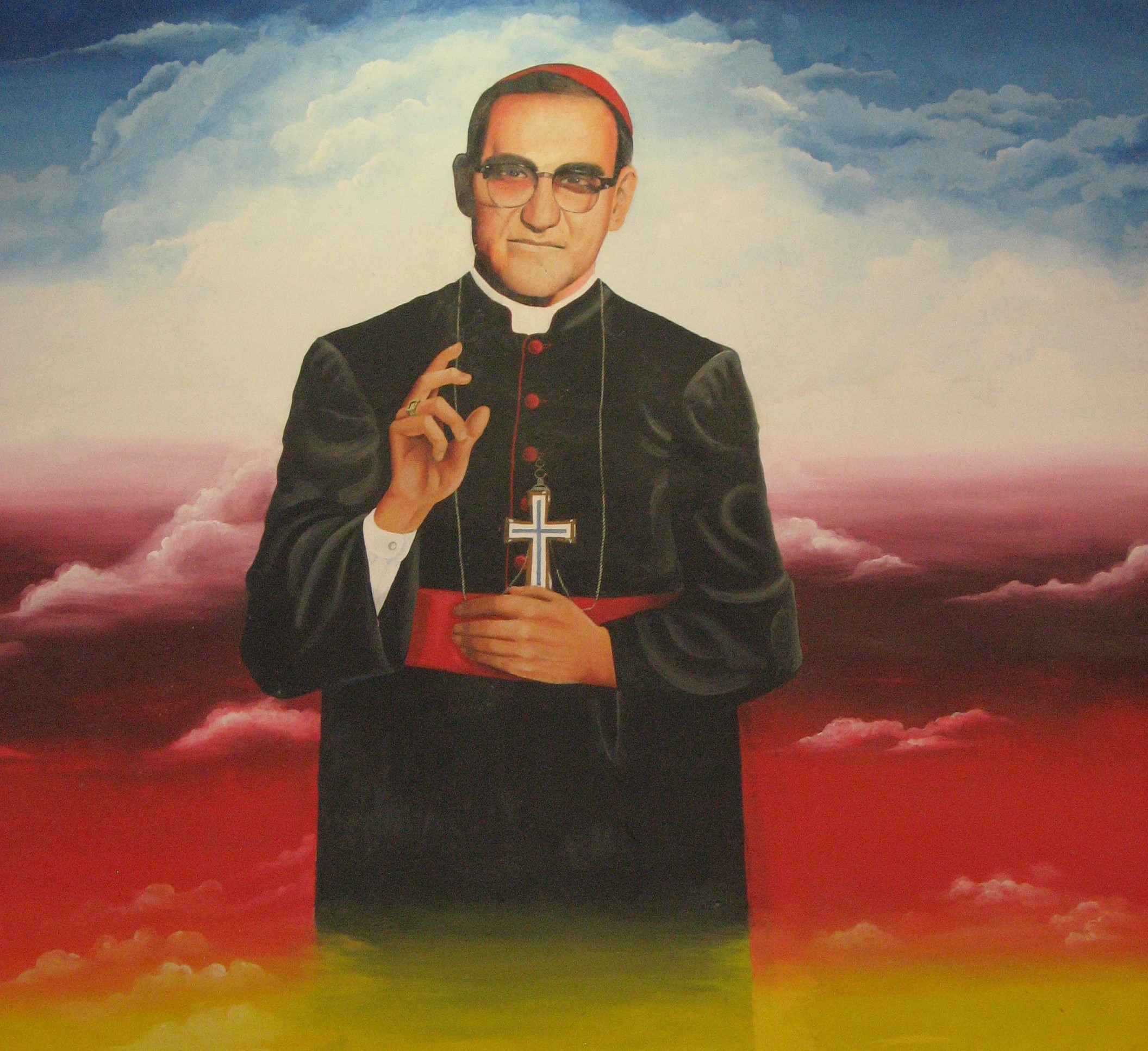A mural at the University of El Salvador depicting Óscar Romero, Archbishop of San Salvador, who was a central figure in the Salvadorian Liberation Theology movement.