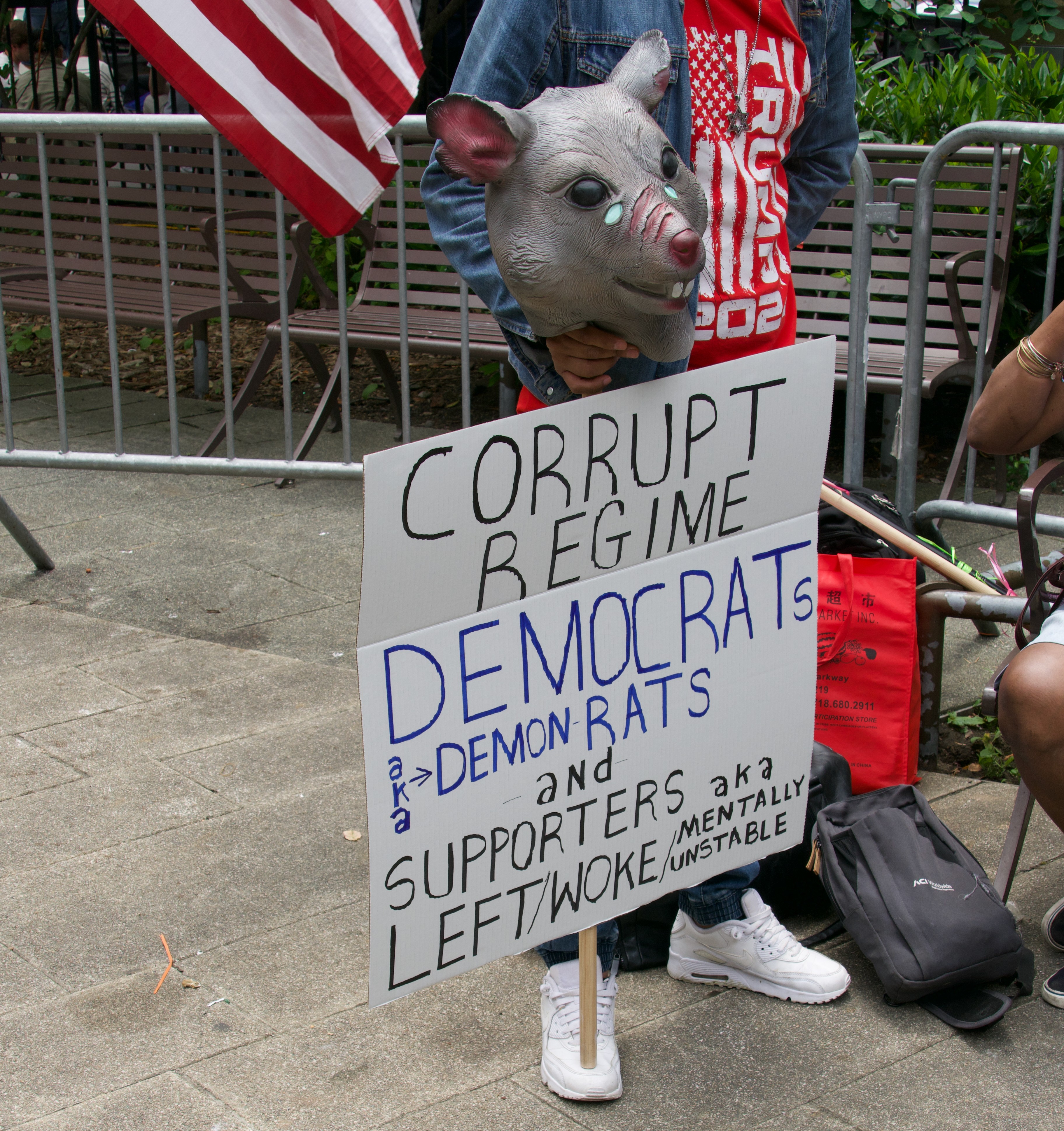 A protester outside of the NYC Courthouse during Donald Trump's trial, 2024