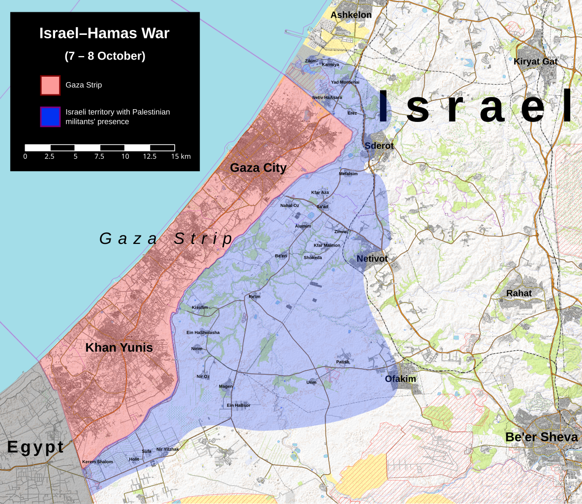 Map showing the October 7th 2023 attack.